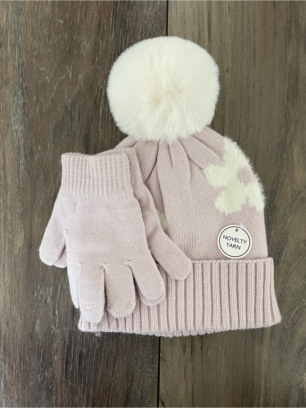 Nicole Miller Girls winter pom-pom Hat & Gloves Set purple & white Size 4+ NWT